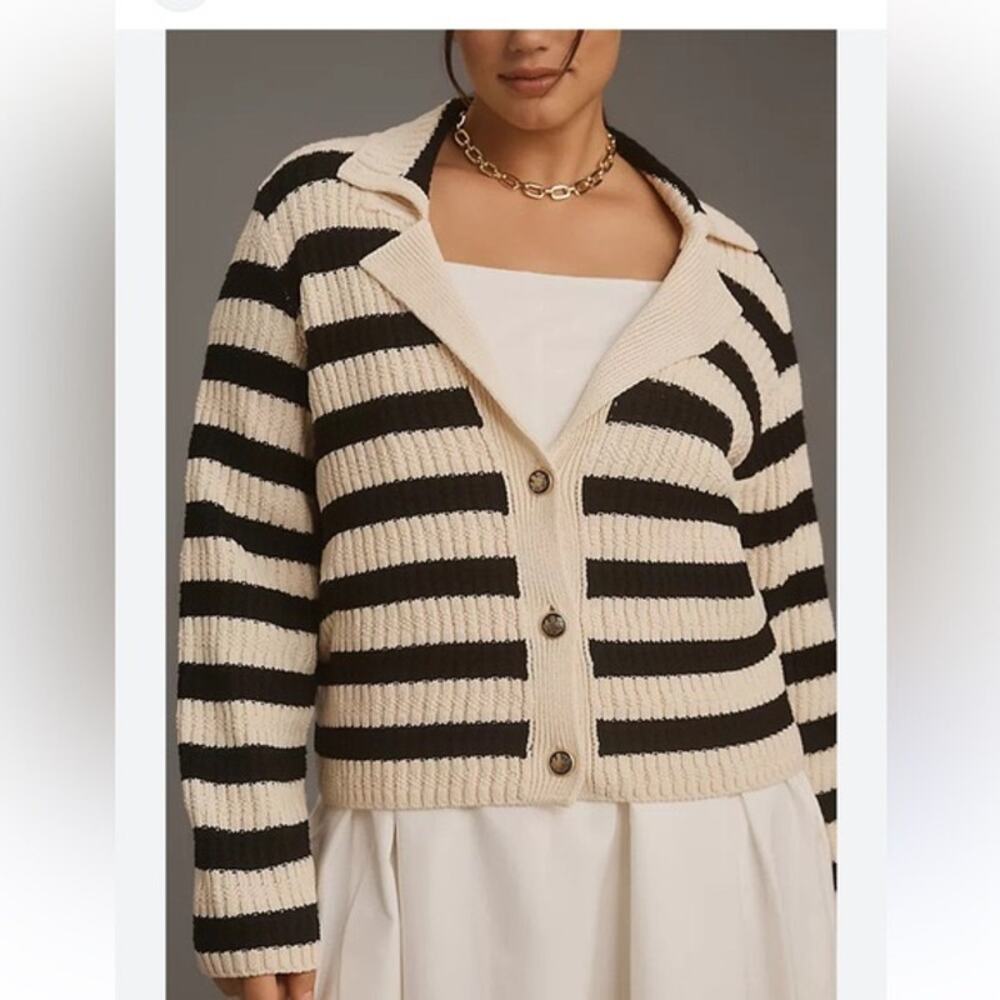 Anthropologie Maeve the Greta Polo Cardigan Sweater Striped Knit BlackWhite Sz M